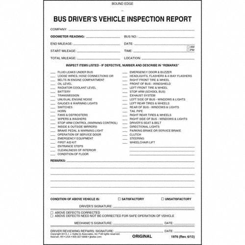 JJ KELLER, Carbonless, Driver Vehicle Inspection Report, Bus Driver