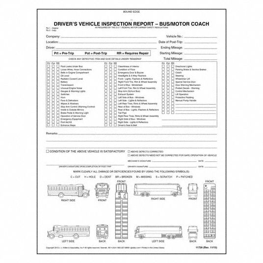 Jj Keller, Carbonless, Driver Vehicle Inspection Report, Motor Coach 