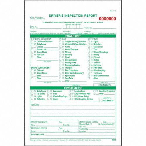 Detailed Driver Vehicle Inspection Report: Carbonless, Driver Vehicle Inspection Report