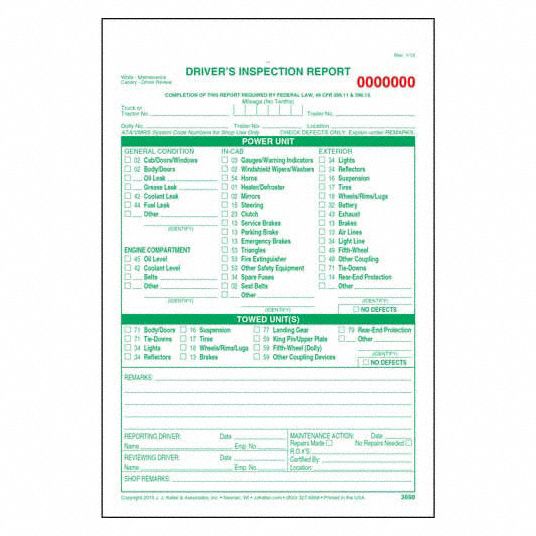 Jj Keller Carbonless Driver Vehicle Inspection Report Detailed Driver Vehicle Inspection 9344