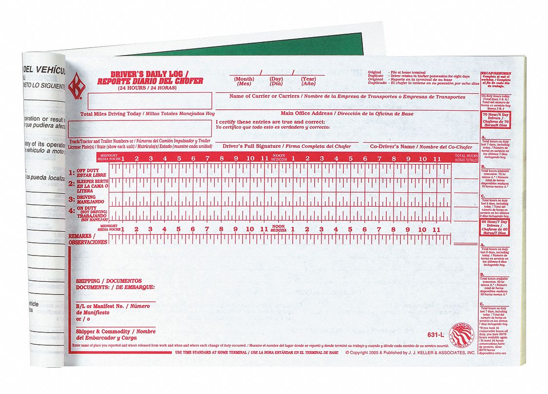 JJ KELLER, With Carbon, 2 Plies, Bilingual Drivers Logbook 52VP46