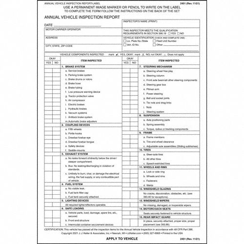 JJ KELLER, Carbon, Annual Vehicle Inspection Report, Vehicle Inspection ...