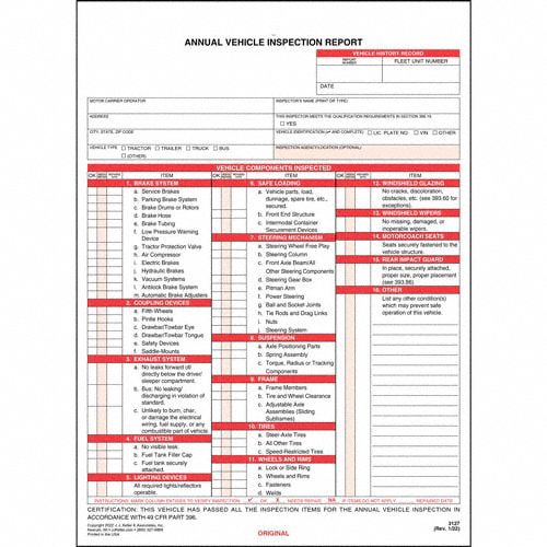 Vehicle Inspection Report: Carbonless, Annual Vehicle Inspection Report, 2-Ply, 3127