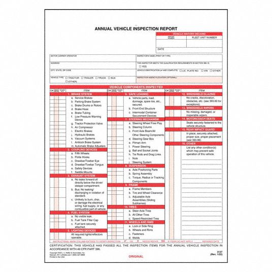 JJ KELLER, Carbonless, Annual Vehicle Inspection Report, Vehicle ...