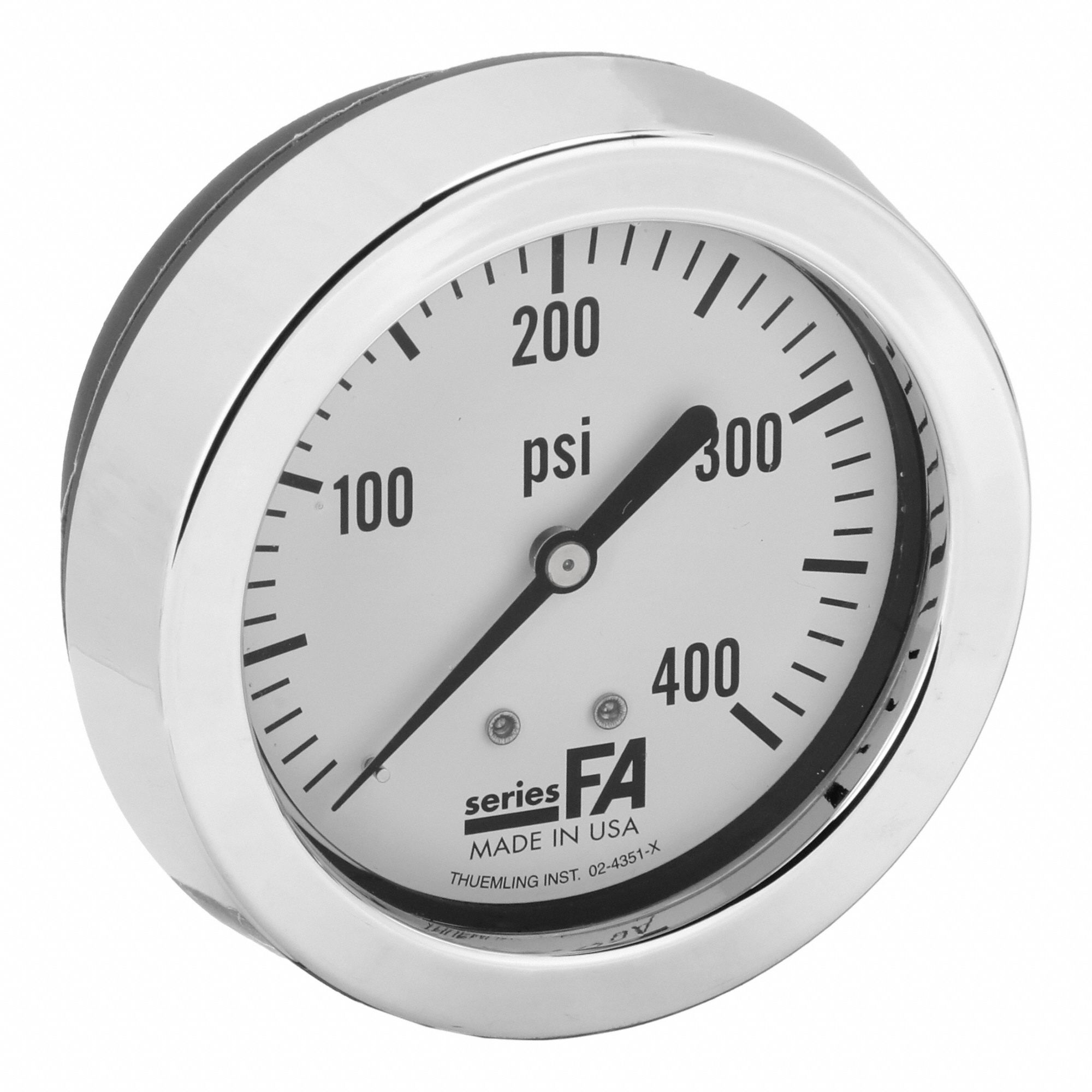 Panel-Mount Pressure Gauge: U-Clamp, 0 psi to 400 psi, 2 1/2 in Dial, 1/4 in NPT Male, 4