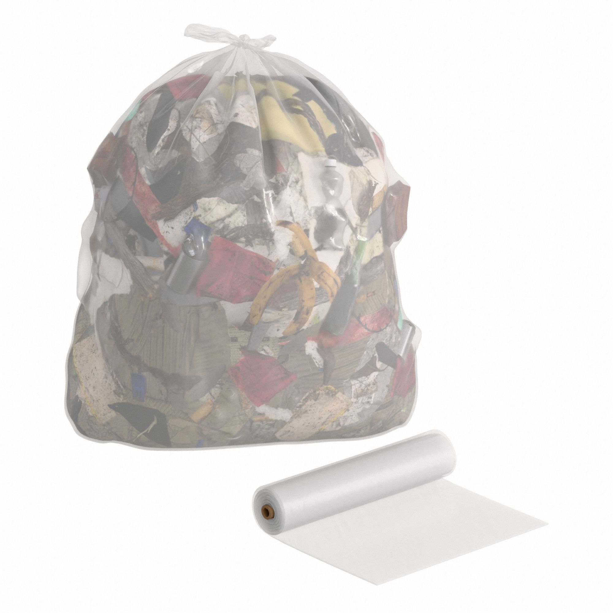 Trash Bags: 55 gal Capacity, 37 in Wd, 57 in Ht, 4 mil Thick, Clear, Cored Roll, 50 PK
