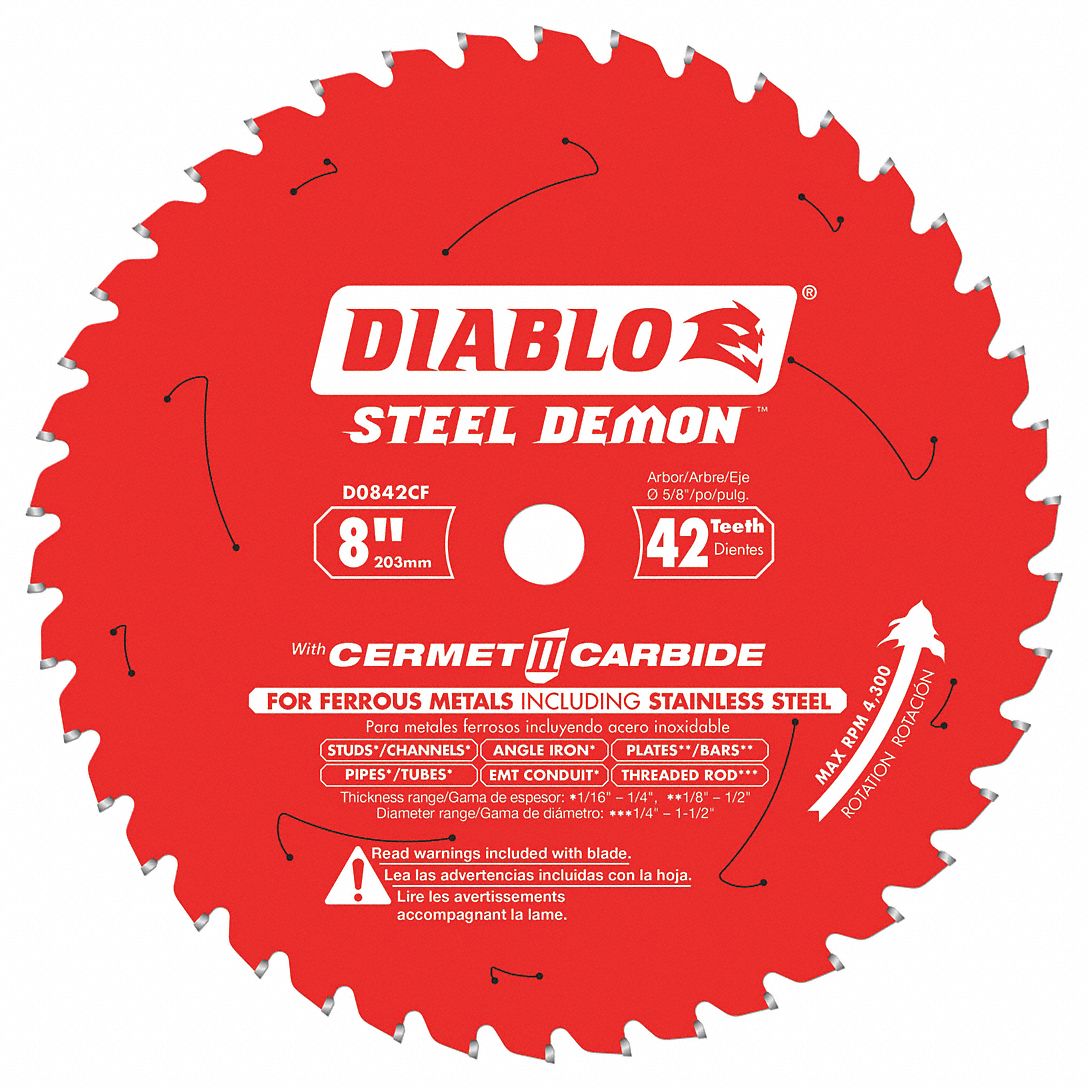 CIRCULAR SAW BLADE, CERMET, 8 IN DIA, 42 TEETH, ⅝ IN, 4300 RPM, TCG, FOR METALS/SS