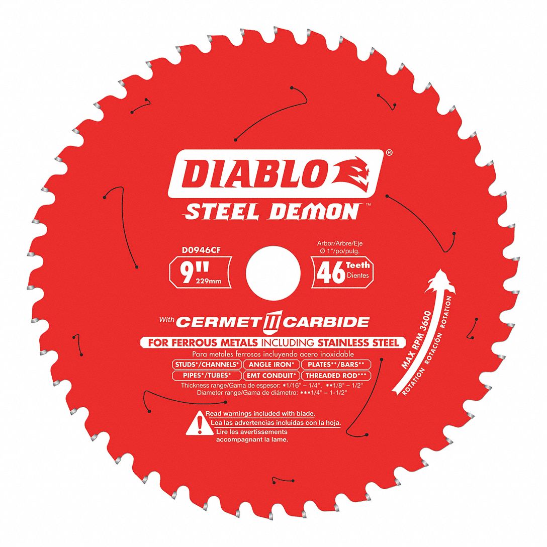 Circular Saw Blade: 9 in Blade Dia., 46 Teeth, 0.08 in Cut Wd, 1 in Arbor Size, Cermet