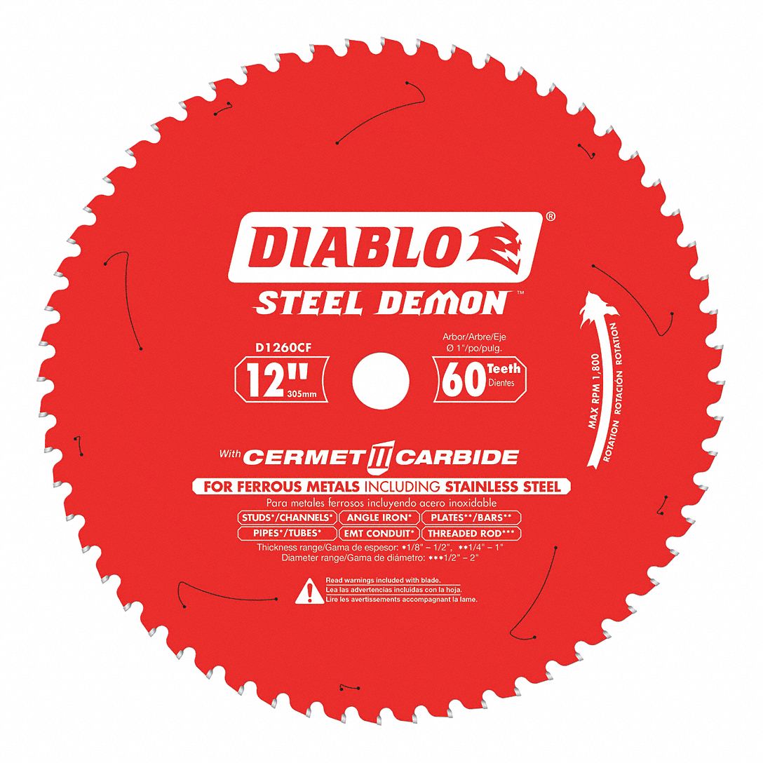 CIRCULAR SAW BLADE, CERMET, 12 IN DIA, 60 TEETH, 1 IN, 1800 RPM, FOR METALS/SS