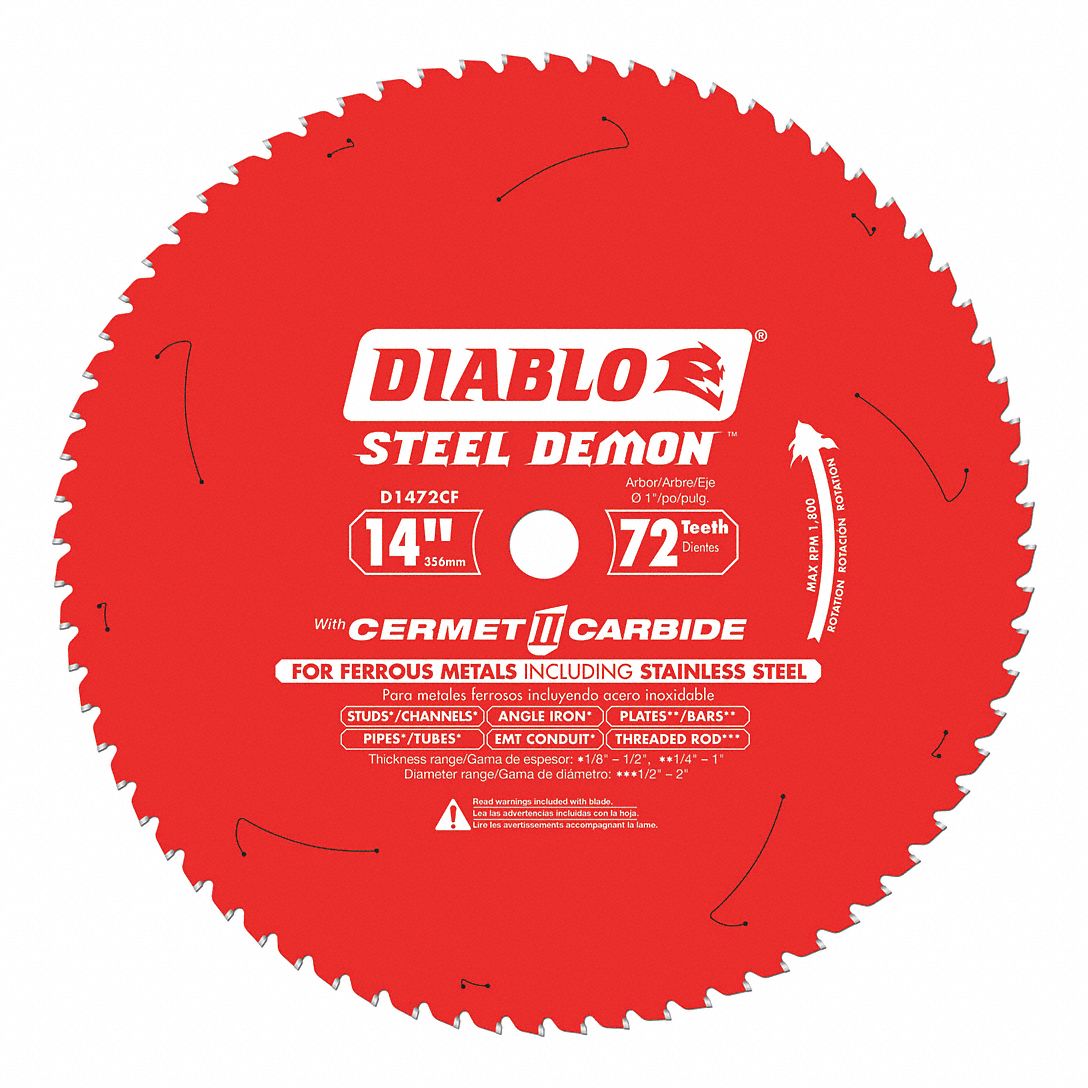 CIRCULAR SAW BLADE, CERMET, 14 IN DIA, 72 TEETH, 1 IN, 1800 RPM, FOR METALS/SS