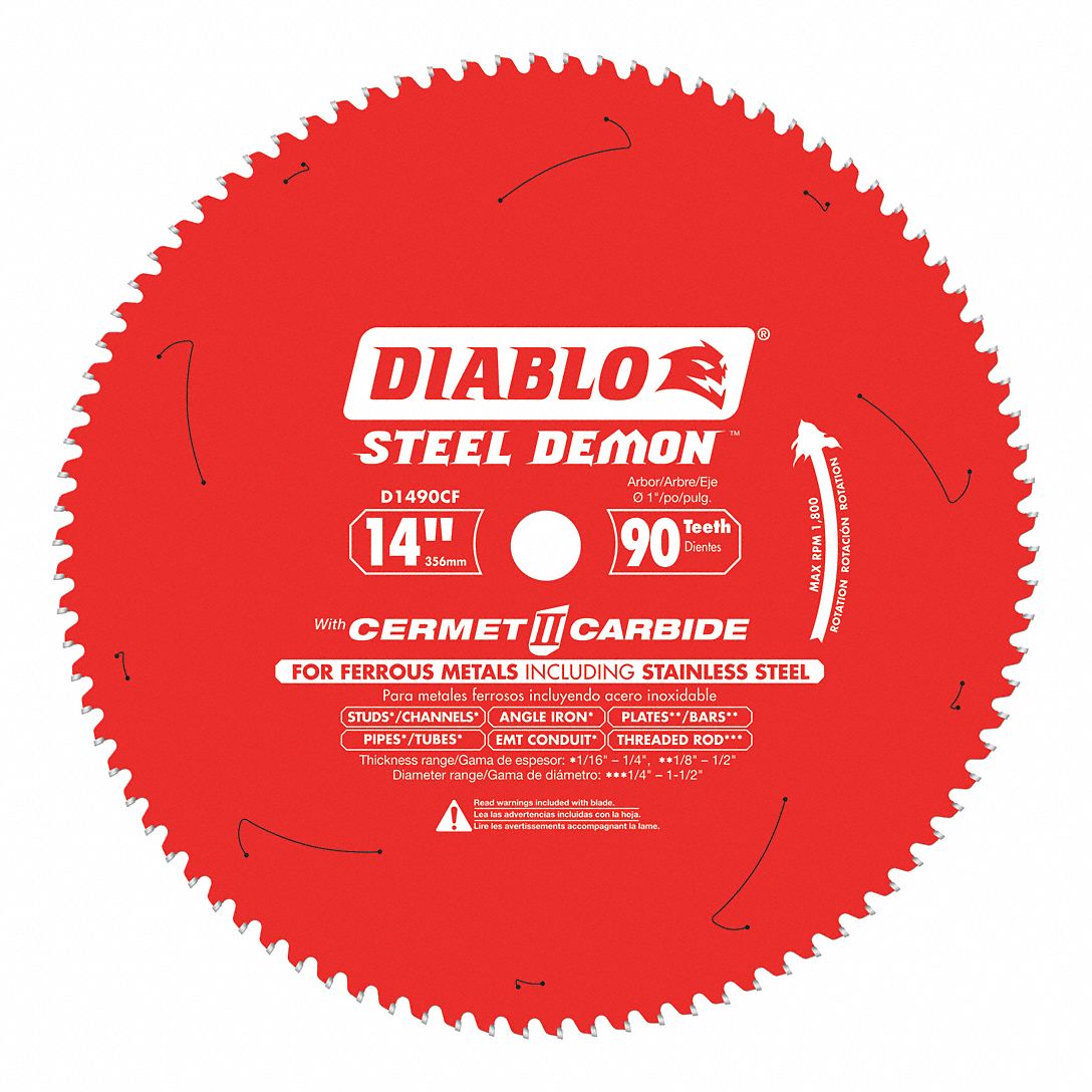 CIRCULAR SAW BLADE, CERMET, 14 IN DIA, 90 TEETH, 1 IN, 1800 RPM, FOR METALS/SS