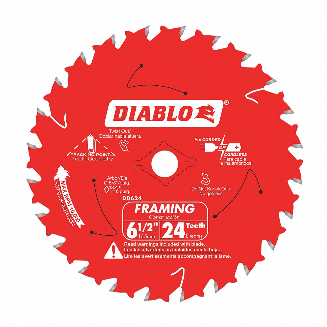 CIRCULAR SAW BLADE, CARBIDE, 6½ IN, 24 TEETH, ⅝ IN ROUND ARBOUR, 15000 RPM, ATB