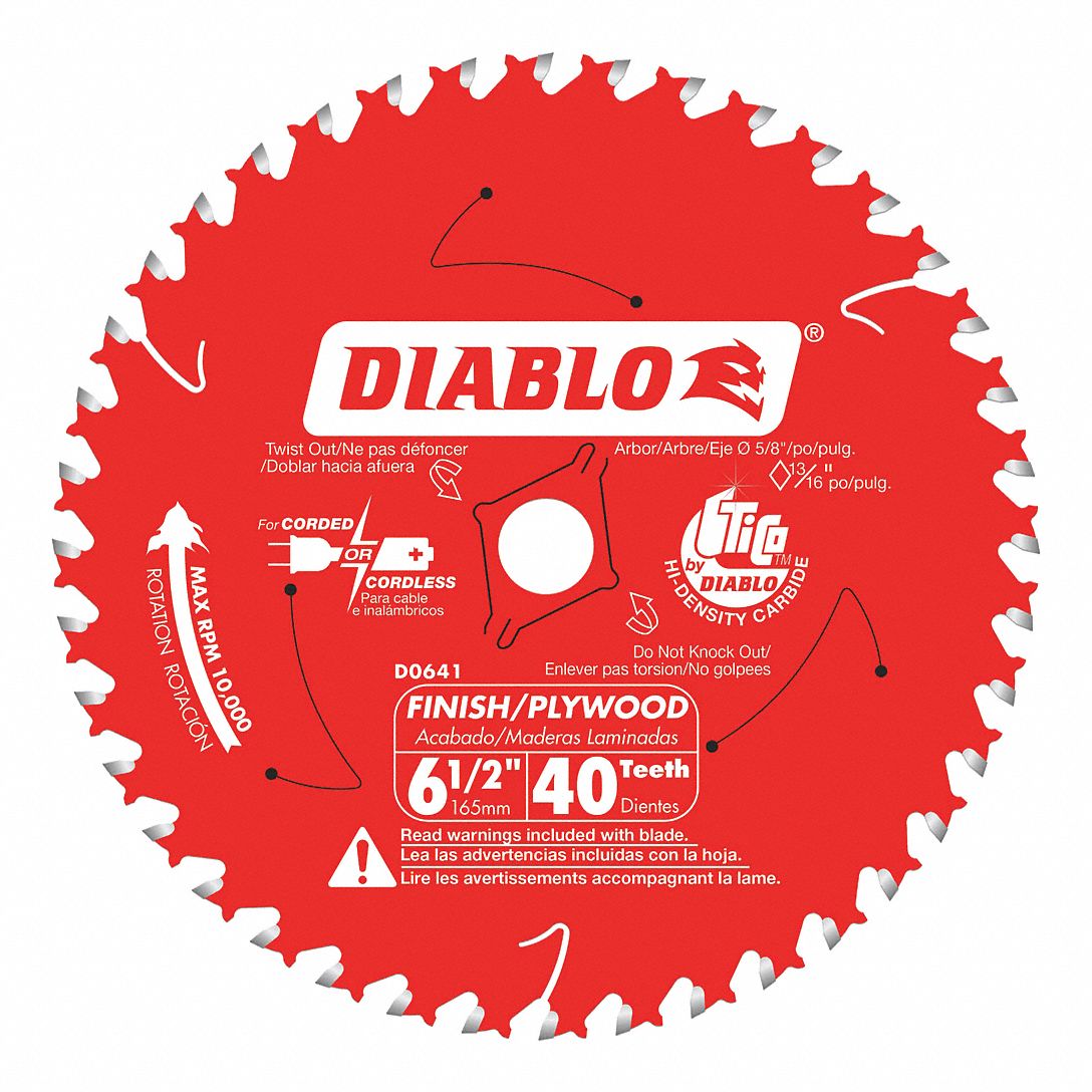 CIRCULAR SAW BLADE, CARBIDE, 6½ IN, 40 TEETH, ⅝ IN ROUND ARBOUR, 10000 RPM, ATB