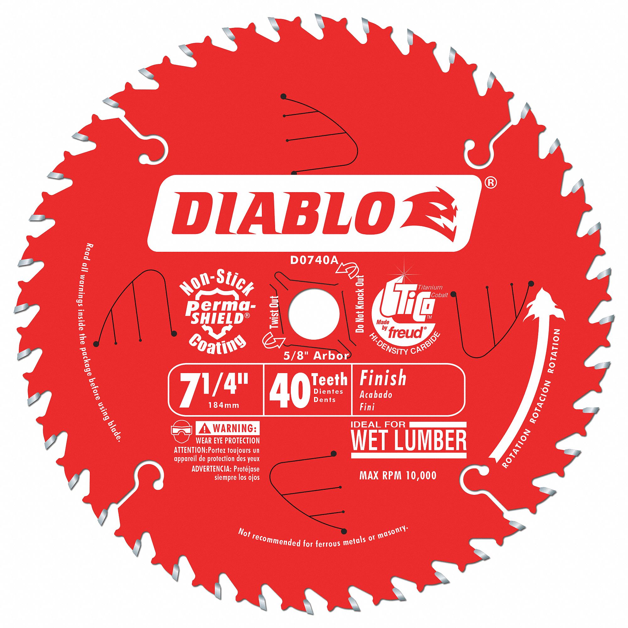 CIRCULAR SAW BLADE, TICO CARBIDE, 7¼ IN, 40 TEETH, ⅝ IN ROUND ARBOUR, 8000 RPM, ATB