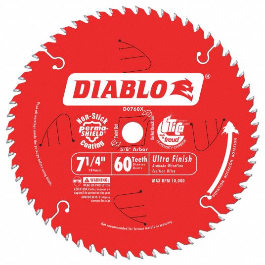 DIABLO Circular Saw Blade: 7 1/4 in Blade Dia., 60 Teeth, 0.059 in Cut Wd,  5/8 in Arbor Size
