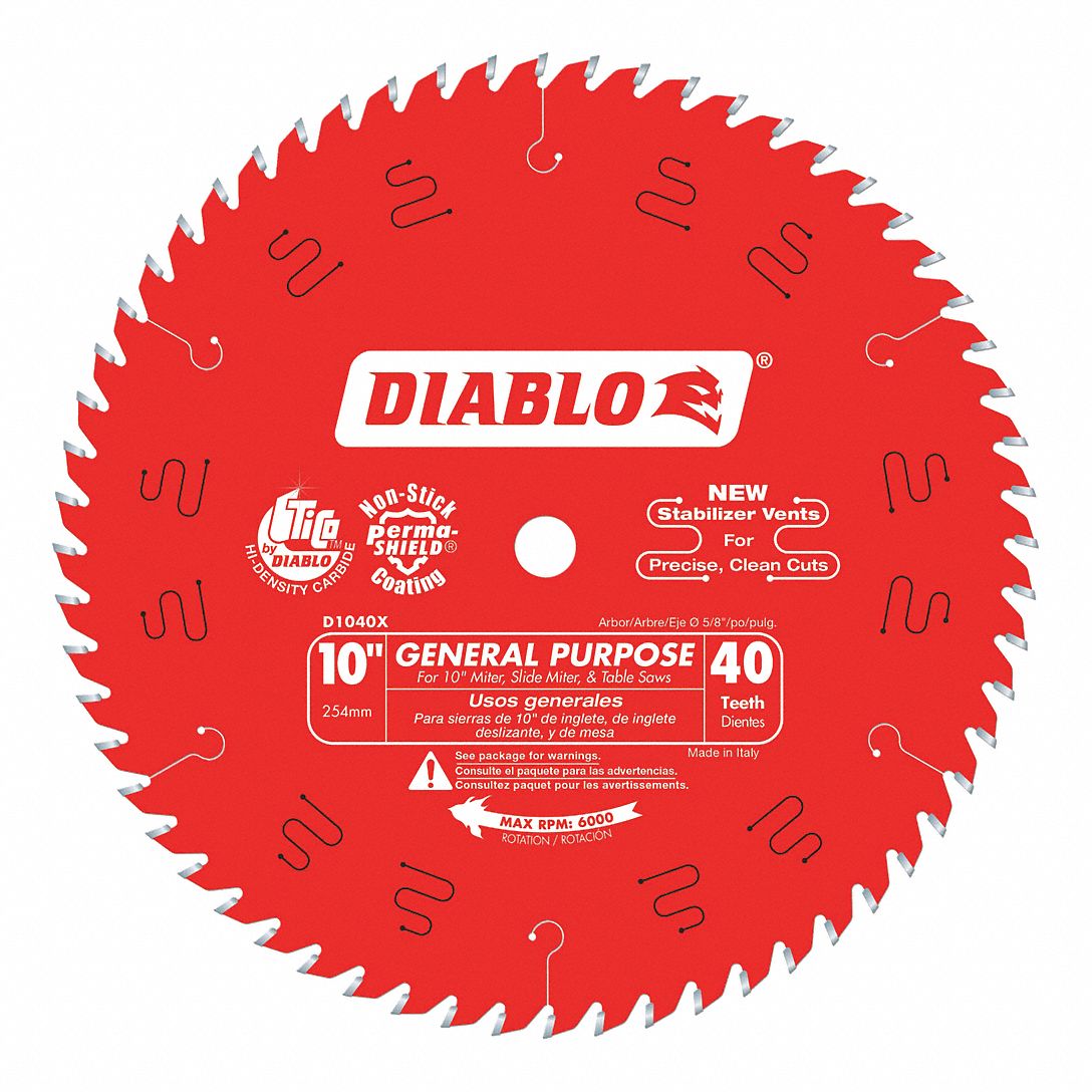 CIRCULAR SAW BLADE, CARBIDE, 10 IN DIA, 40 TEETH, ⅝ IN ARBOUR, 7000 RPM, FOR MITRE/TABLE SAWS
