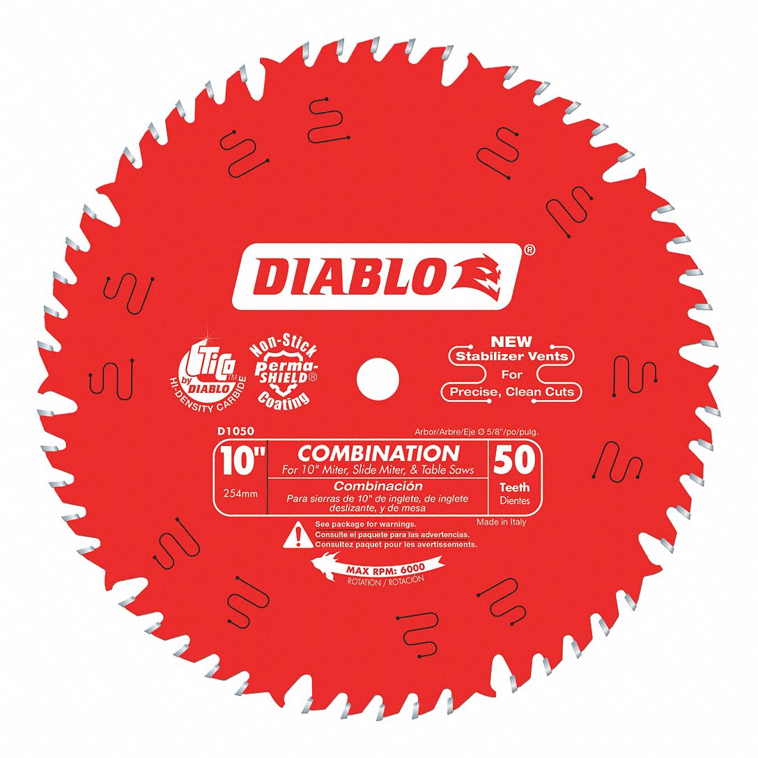 CIRCULAR SAW BLADE, CARBIDE, 10 IN DIA, 50 TEETH, ⅝ IN ARBOUR, 6000 RPM, FOR MITRE/TABLE SAWS