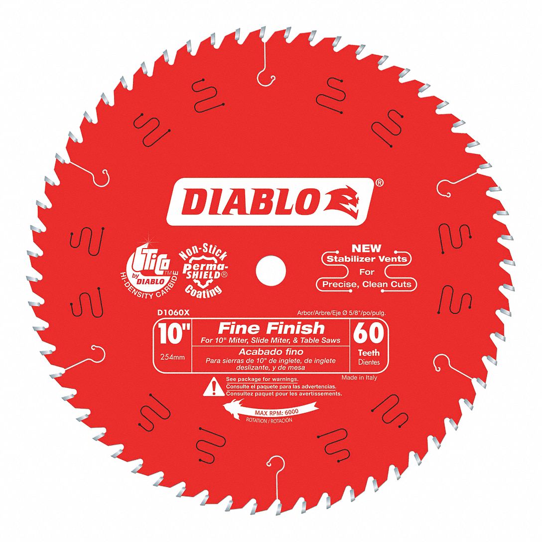 CIRCULAR SAW BLADE, CARBIDE, 10 IN DIA, 60 TEETH, ⅝ IN ARBOUR, 6000 RPM, FOR MITRE/TABLE SAWS