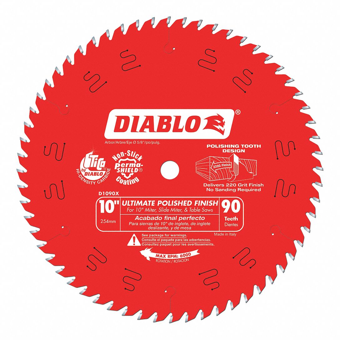 CIRCULAR SAW BLADE, CARBIDE, 10 IN DIA, 90 TEETH, ⅝ IN ARBOUR, 6000 RPM, FOR MITRE/TABLE SAWS