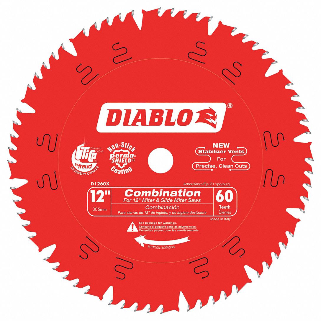 CIRCULAR SAW BLADE, CARBIDE, 12 IN DIA, 60 TEETH, 1 IN, 6000 RPM, FOR MITRE/TABLE SAWS