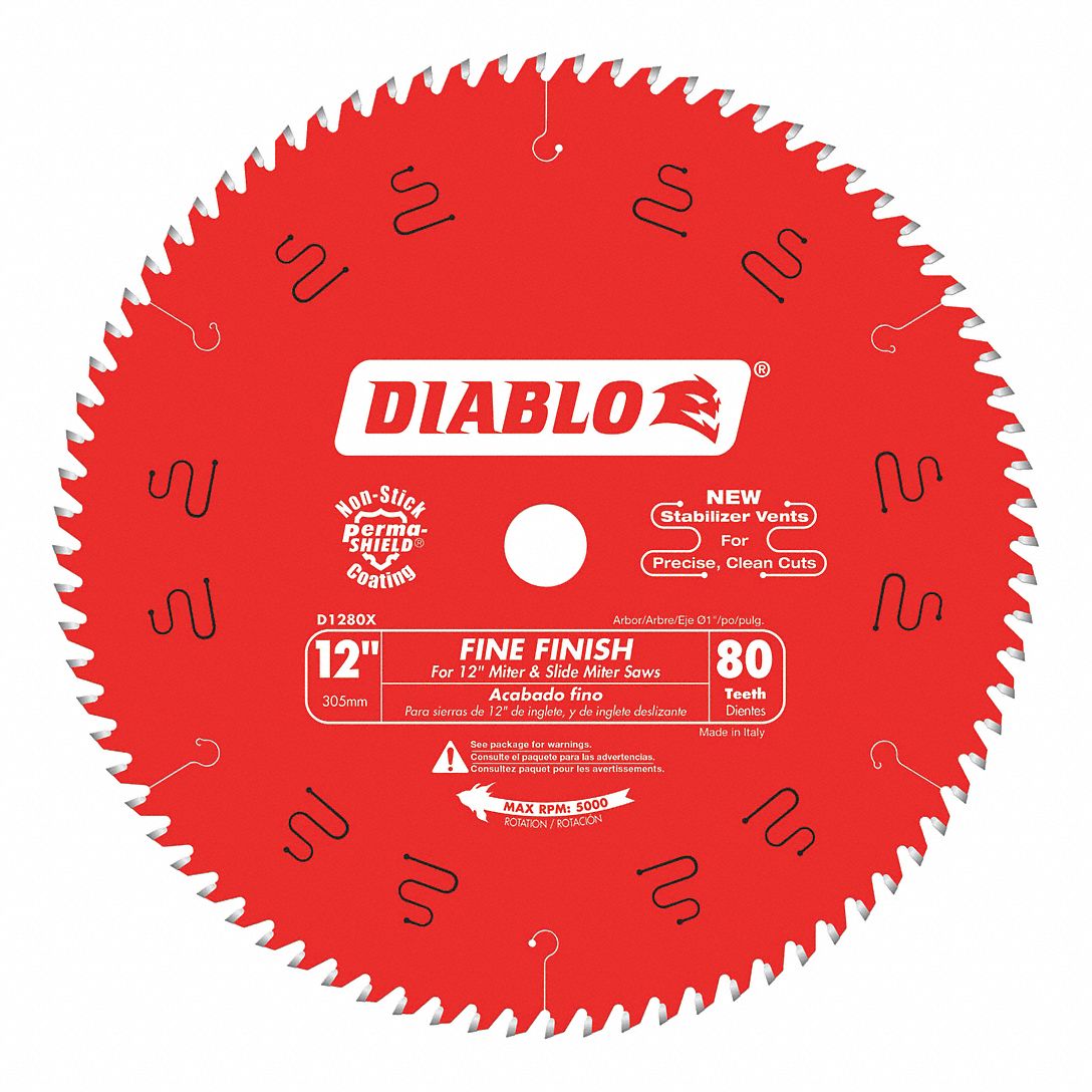 CIRCULAR SAW BLADE, CARBIDE, 12 IN DIA, 80 TEETH, 1 IN, 5000 RPM, FOR MITRE/TABLE SAWS