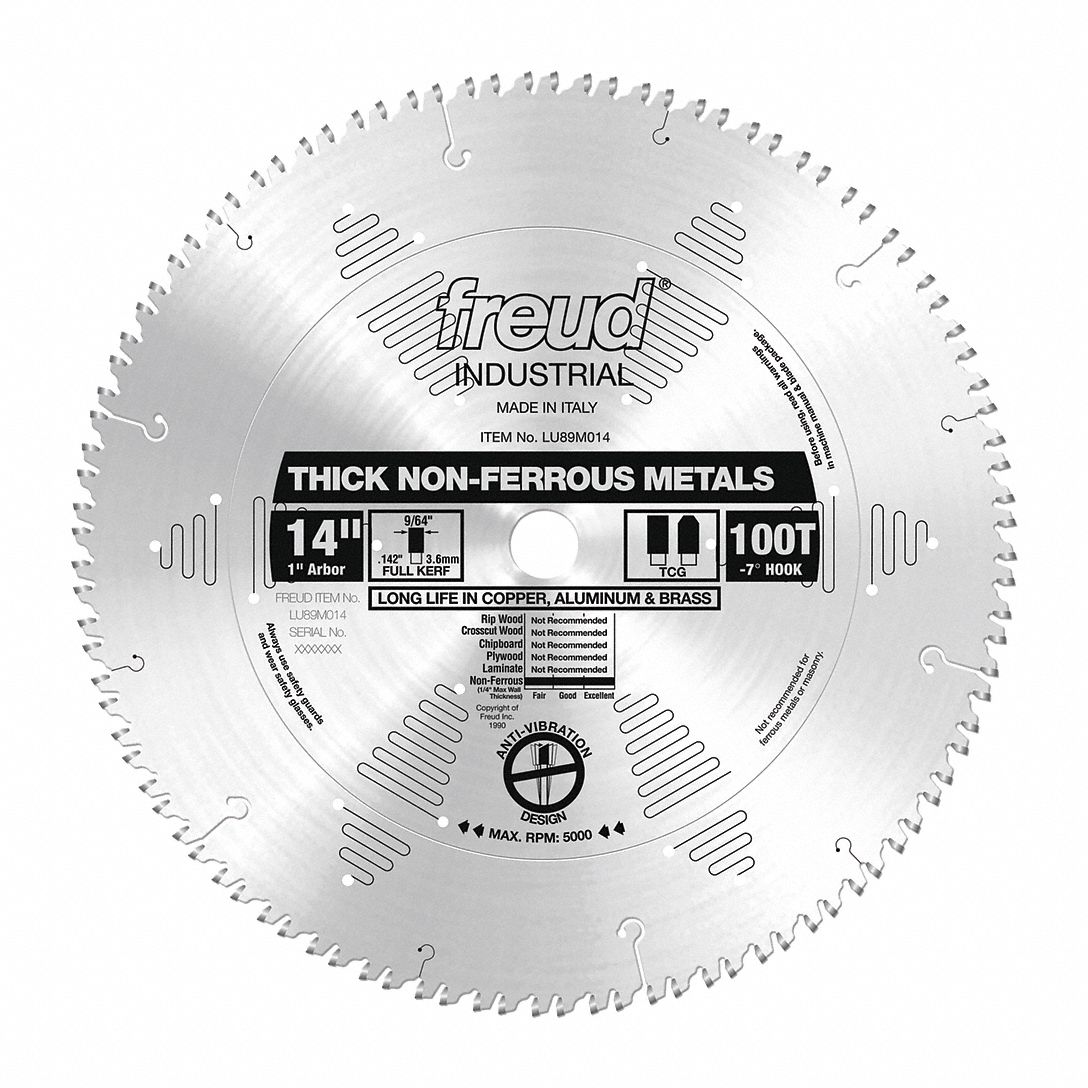 CIRCULAR SAW BLADE, TICO CARBIDE, 14 IN, 100 TEETH, 1 IN, 5000 RPM, FOR NON-FERROUS METALS