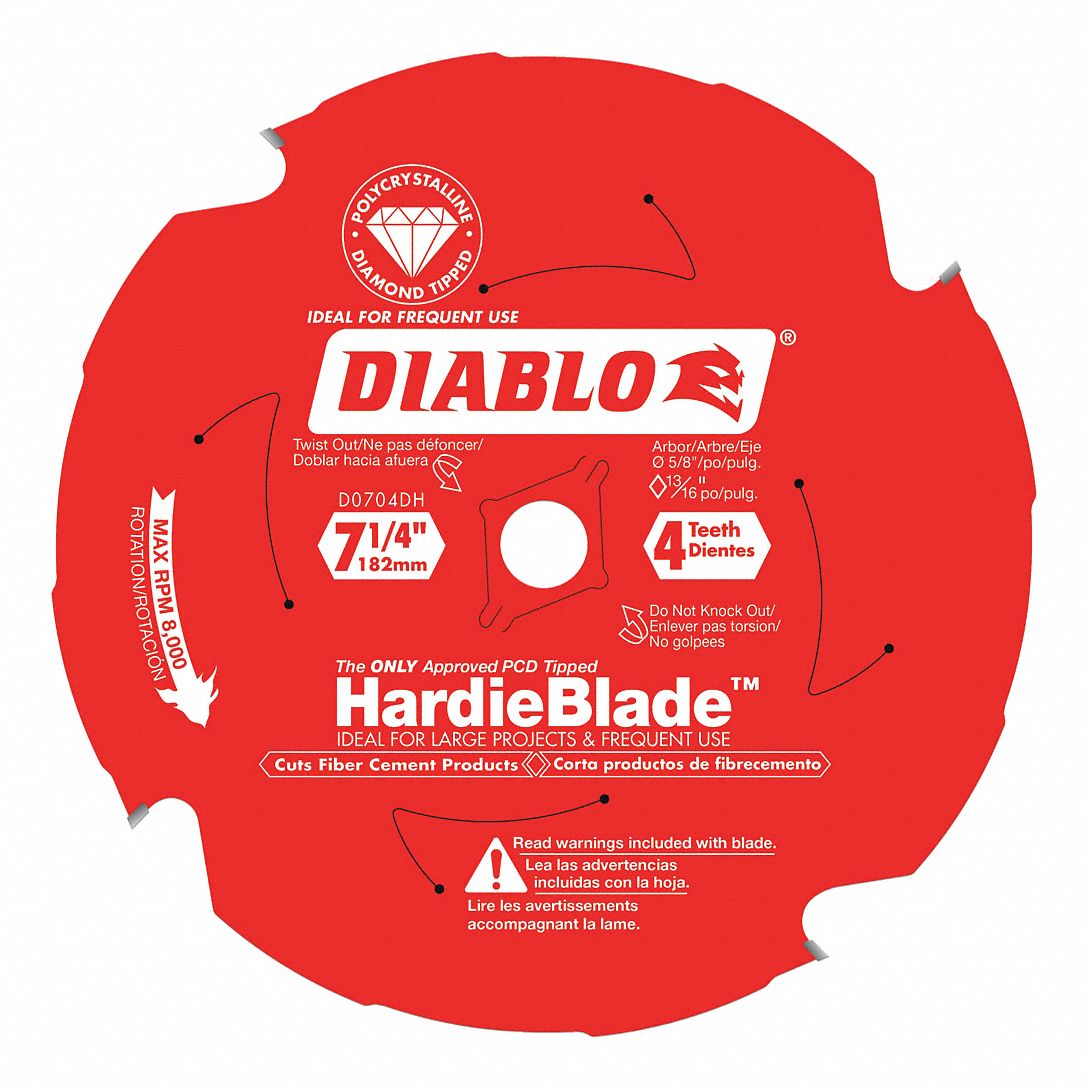 CIRCULAR SAW BLADE, POLYCRYSTALLINE DIAMOND, 7¼ IN DIA, 4 TEETH, ⅝ IN, 12000 RPM