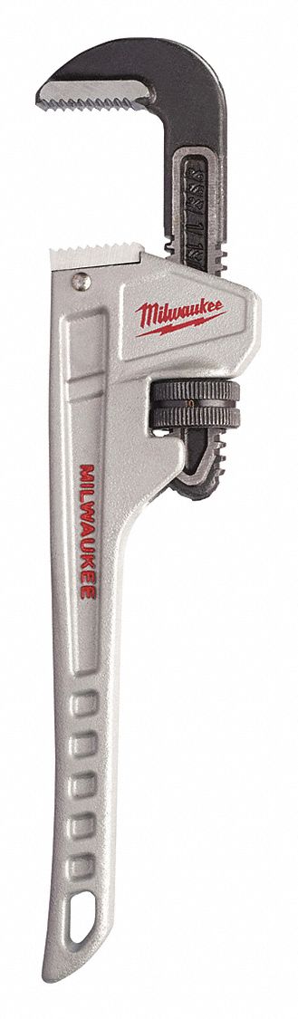 PIPE WRENCH, ALUMINUM, 1 1/2 IN JAW CAPACITY, SERRATED, 10 IN OVERALL L, ERGONOMIC