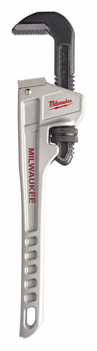 PIPE WRENCH, ALUMINUM, 2 IN JAW CAPACITY, SERRATED, 14 IN OVERALL L, ERGONOMIC
