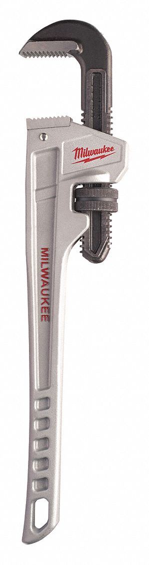 PIPE WRENCH, ALUMINUM, 2 1/2 IN JAW CAPACITY, SERRATED, 18 IN OVERALL L, ERGONOMIC