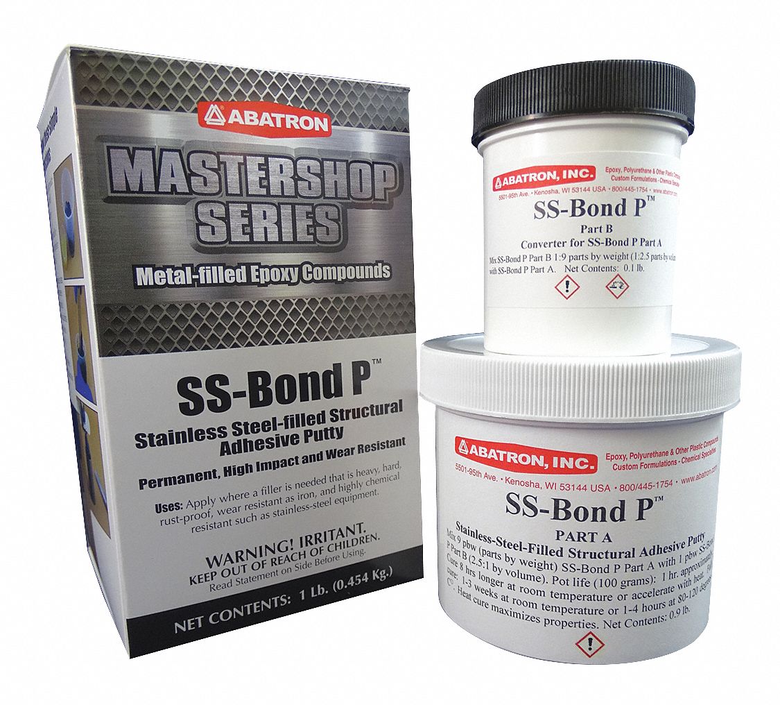 Epoxy Putty: Stainless Steel Filled, 1 lb, with Temp. Range of 50° to 100°F, Gray, 1 to 8 hr Cure