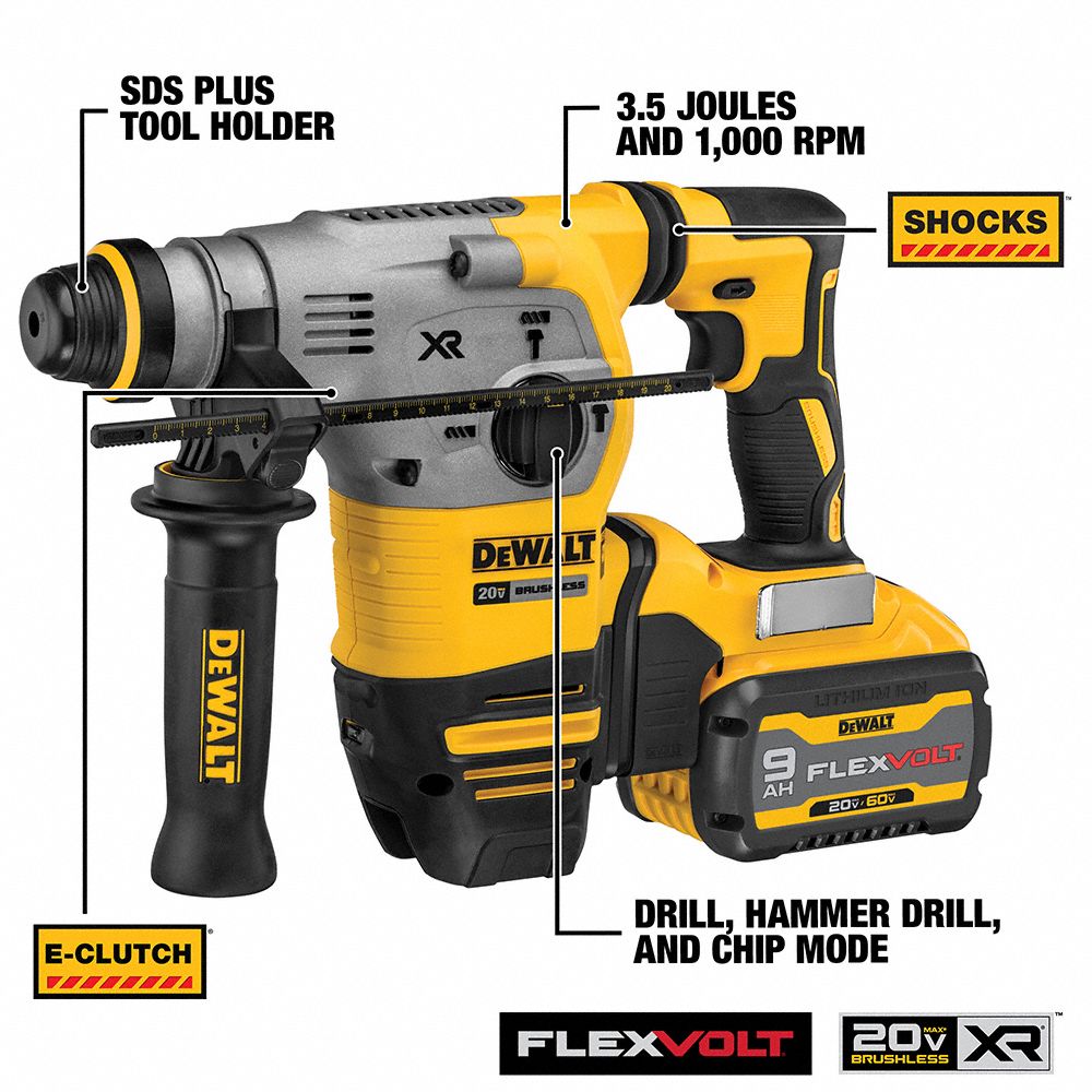 DEWALT Cordless Rotary Hammer: Pistol-Grip, 20V DC, SDS-Plus, 1/2 in ...