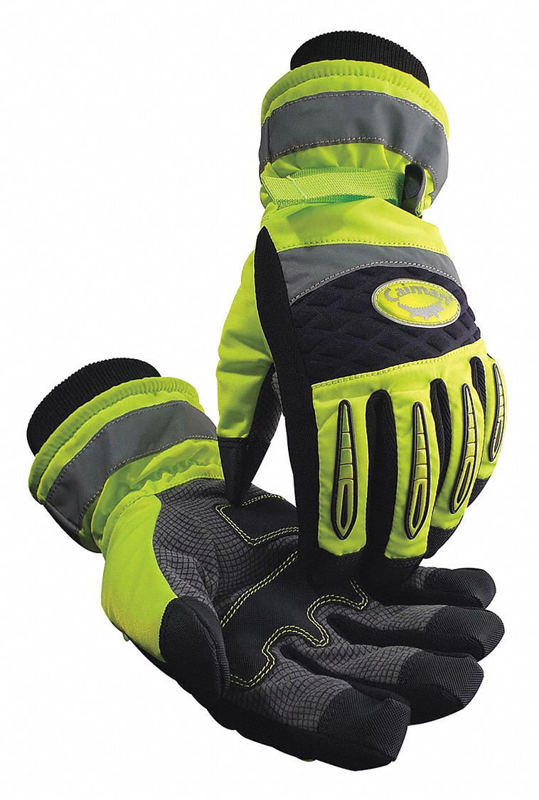 MECHANICS GLOVES, SYNTHETIC LEATHER, HI-VIS LIME/BLACK, LEATHER PALM, 2991-7