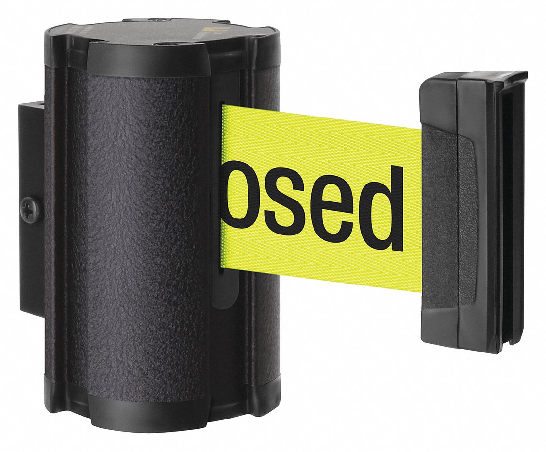 Retractable Belt Barrier: Fixed Mounting Plate, 10 ft Belt Lg, Restricted Access Messaging
