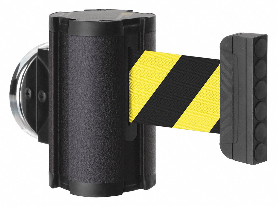 Retractable Belt Barrier: Magnet, 10 ft Belt Lg, Pattern, Black/Yellow, No Legend
