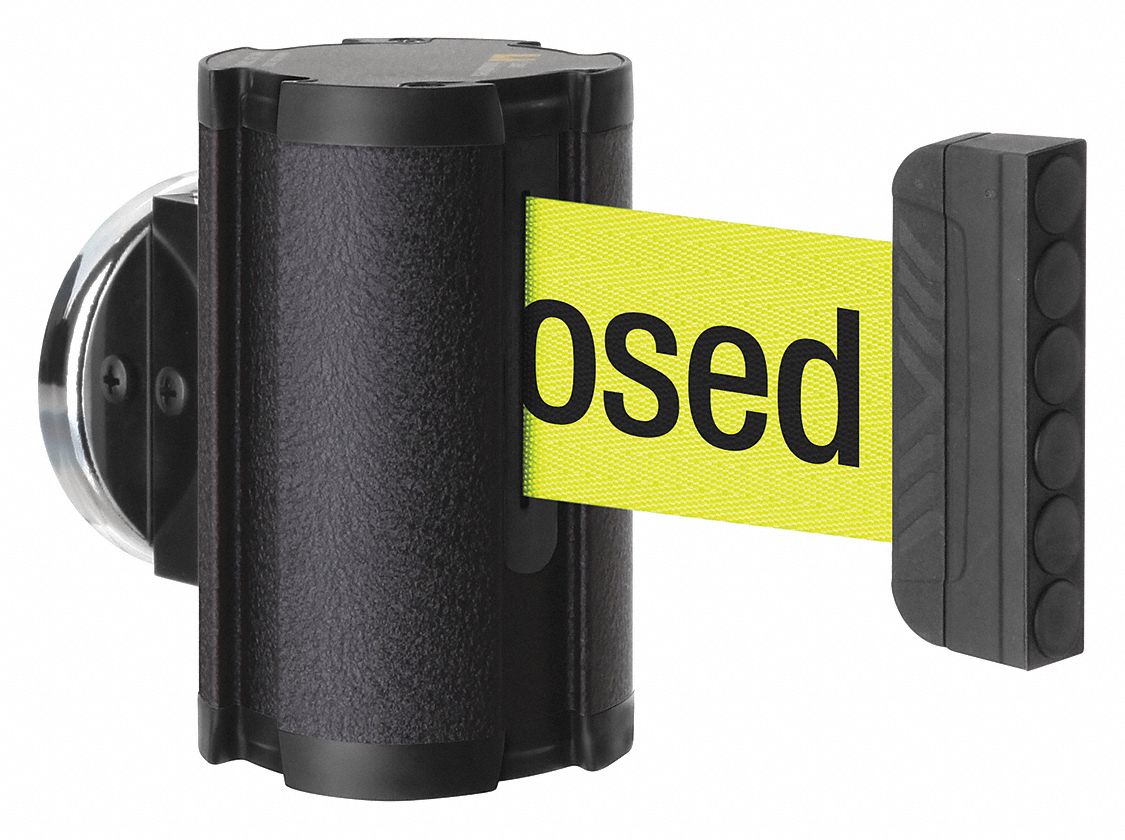 Retractable Belt Barrier: Magnet, 10 ft Belt Lg, Restricted Access Messaging, Yellow