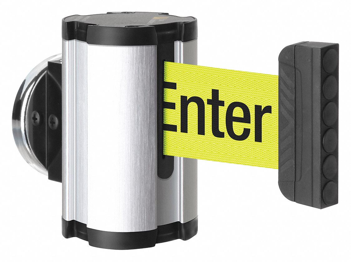 Retractable Belt Barrier: Magnet, 10 ft Belt Lg, Caution Messaging, Yellow