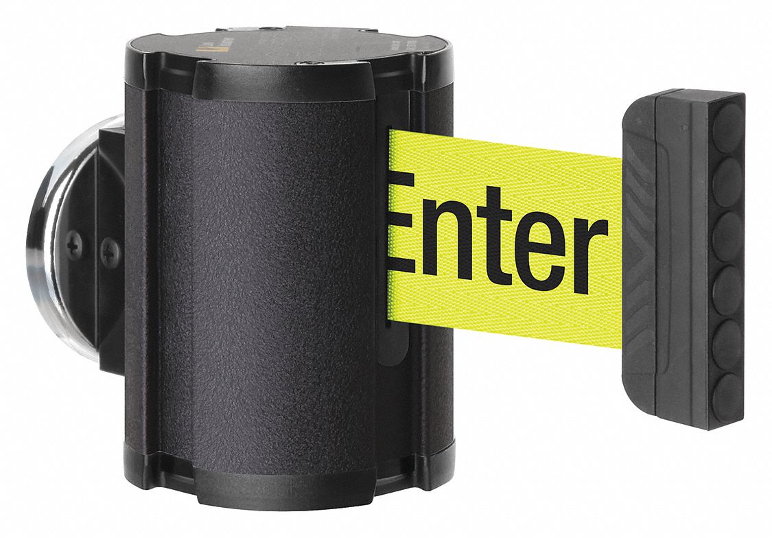 Retractable Belt Barrier: Magnet, 15 ft Belt Lg, Caution Messaging, Yellow