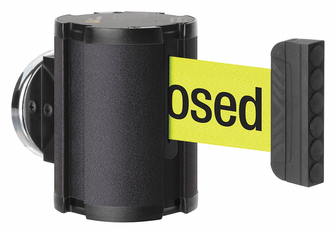 Retractable Belt Barrier: Magnet, 15 ft Belt Lg, Restricted Access Messaging, Yellow