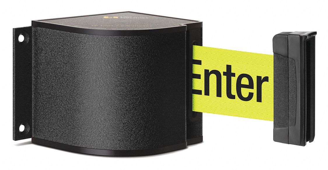 Retractable Belt Barrier: Fixed Mounting Plate, 18 ft Belt Lg, Caution Messaging, Yellow