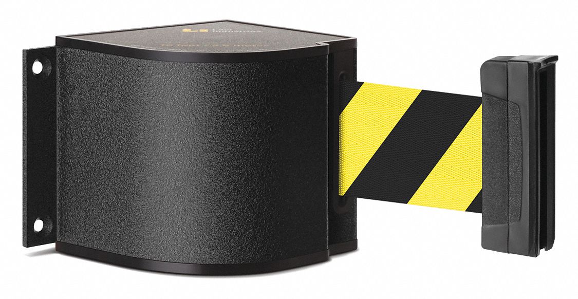 Retractable Belt Barrier: Fixed Mounting Plate, 18 ft Belt Lg, Pattern, Black/Yellow, No Legend