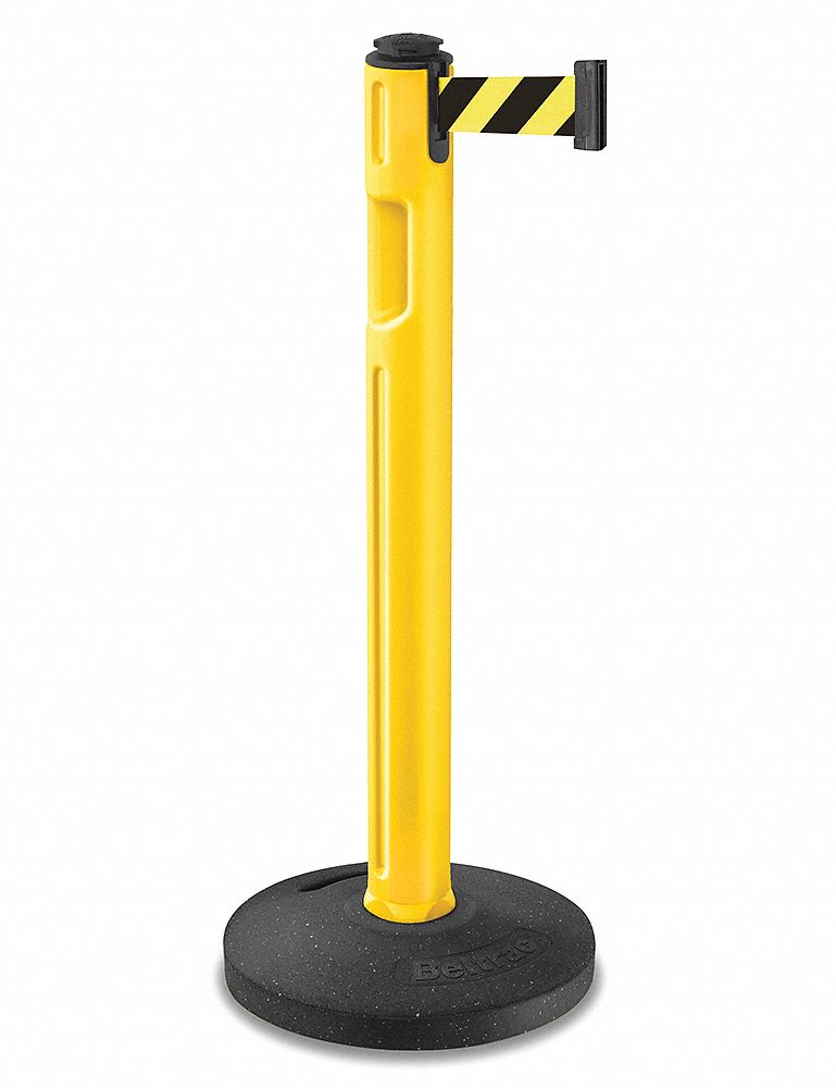 Barrier Post with Belt: Black/Yellow, Diagonal Stripe, No Legend, 12 ft Belt Lg, Yellow