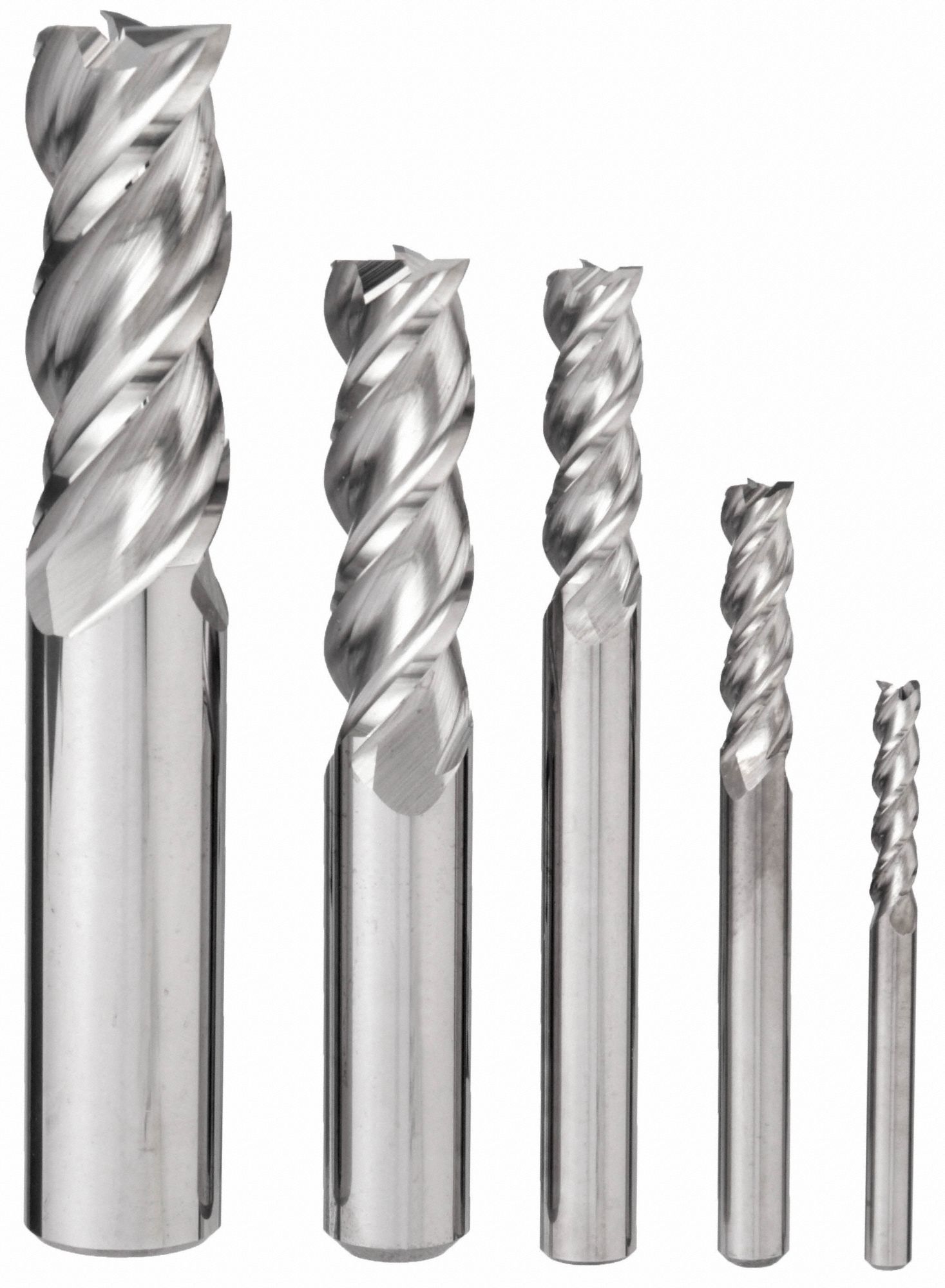END MILL SET, 3 FLUTES, 5 PIECES, ⅛ IN SMALLEST MILL DIAMETER, CARBIDE