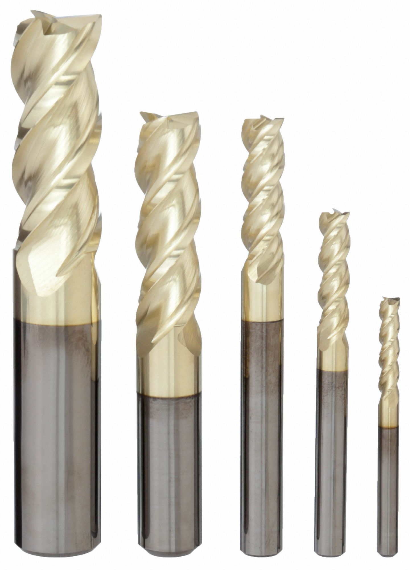 END MILL SET, 3 FLUTES, 5 PIECES, ⅛ IN SMALLEST MILL DIAMETER, ZRN FINISH, CARBIDE
