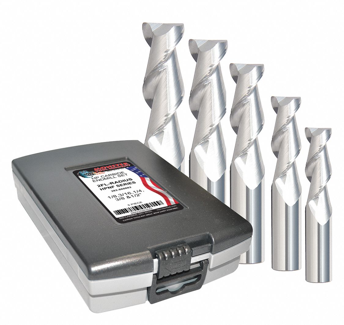 MONSTER End Mill Set, Carbide, Bright (Uncoated), 1/8 in to 1/2 in