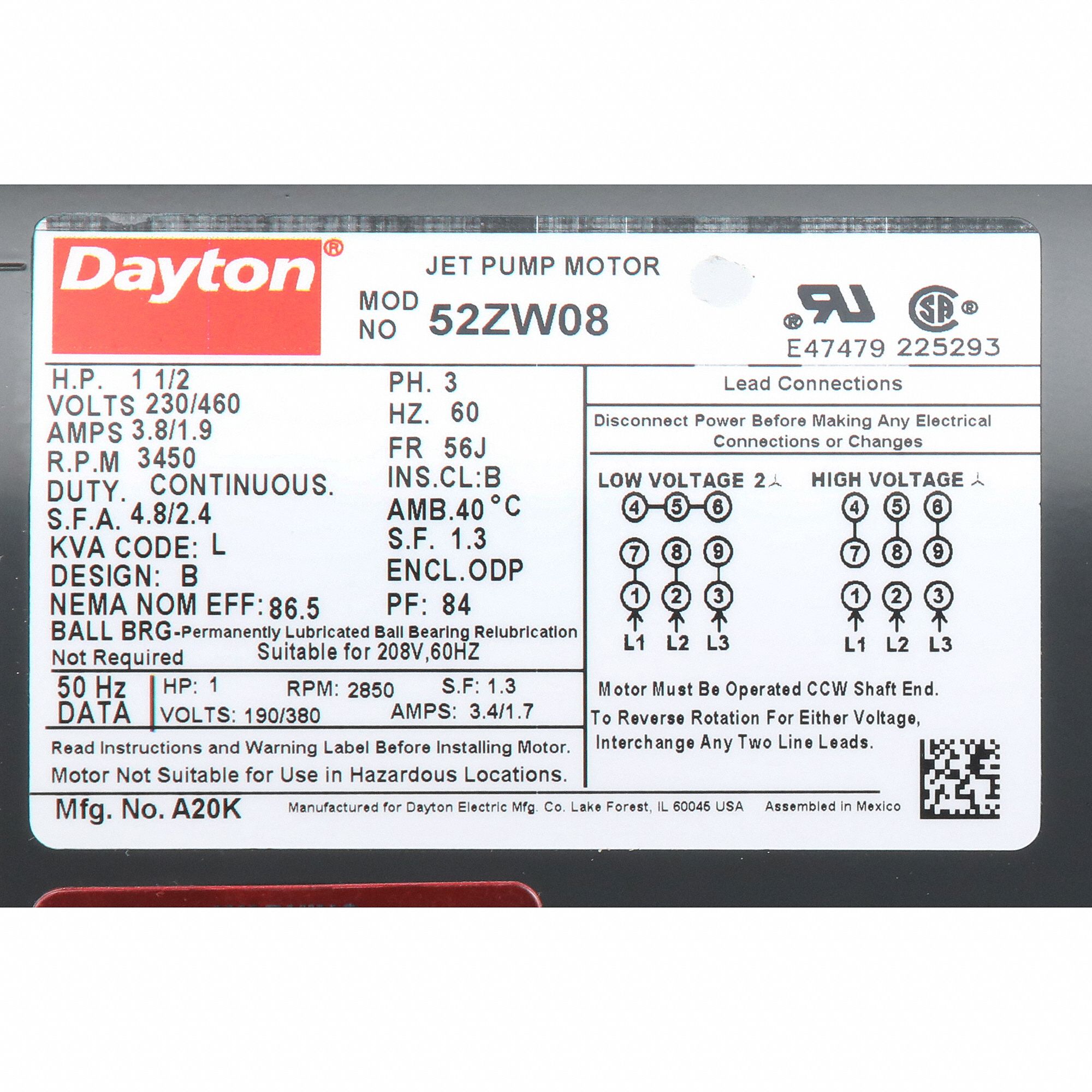 DAYTON Jet Pump Motor Open Dripproof, Face/Base Mounting, 1 1/2 HP