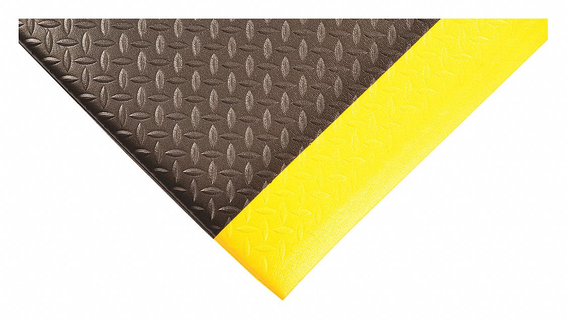 ANTIFATIGUE MAT, DIAMOND PLATE, 2 X 8 FT, ½ IN THICK, BLACK/YELLOW BORDER, PVC FOAM