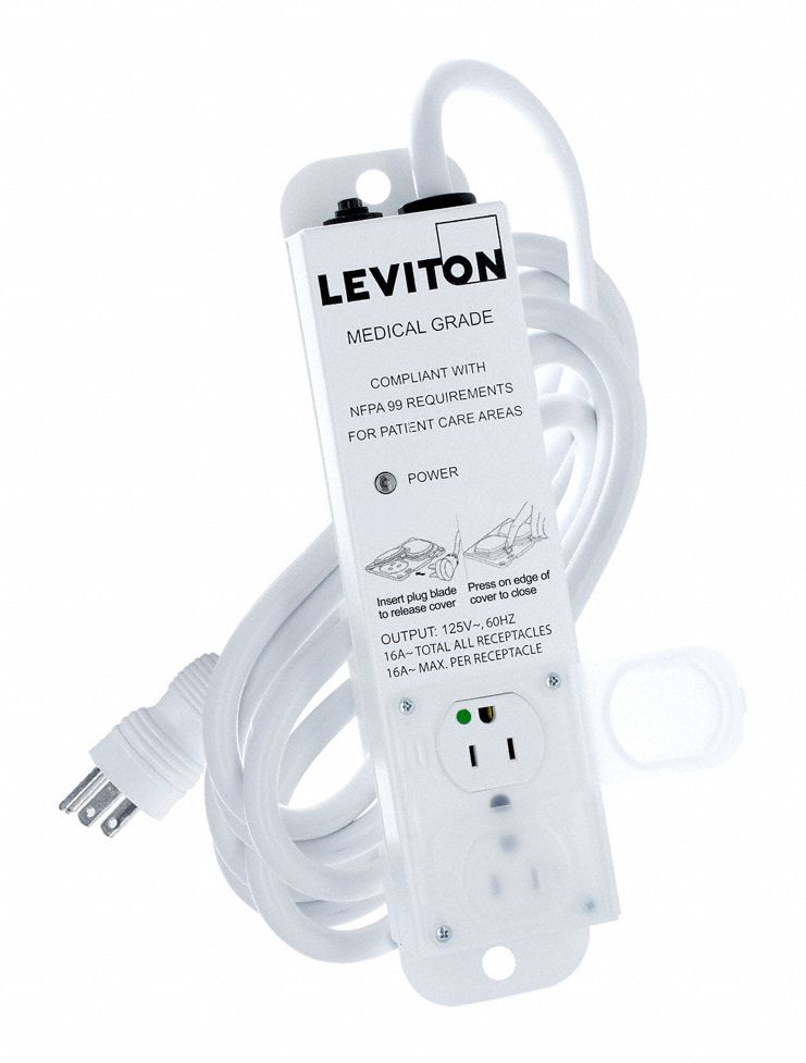 Outlet Strip: 2 Outlets, 15 ft Cord Lg, 15 A Max. Amps, NEMA 5-15P, Power Indicator