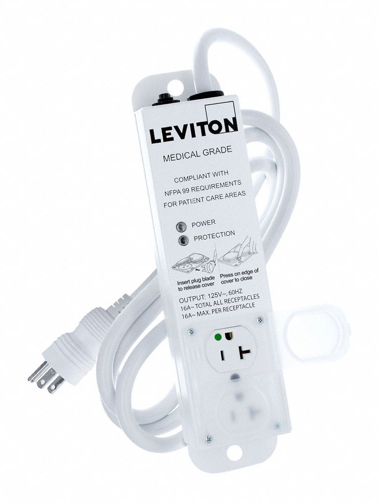 Surge Protected Outlet Strip: 2 Outlets, Hospital Grade, NEMA 5-20P, 7 ft Cord Lg