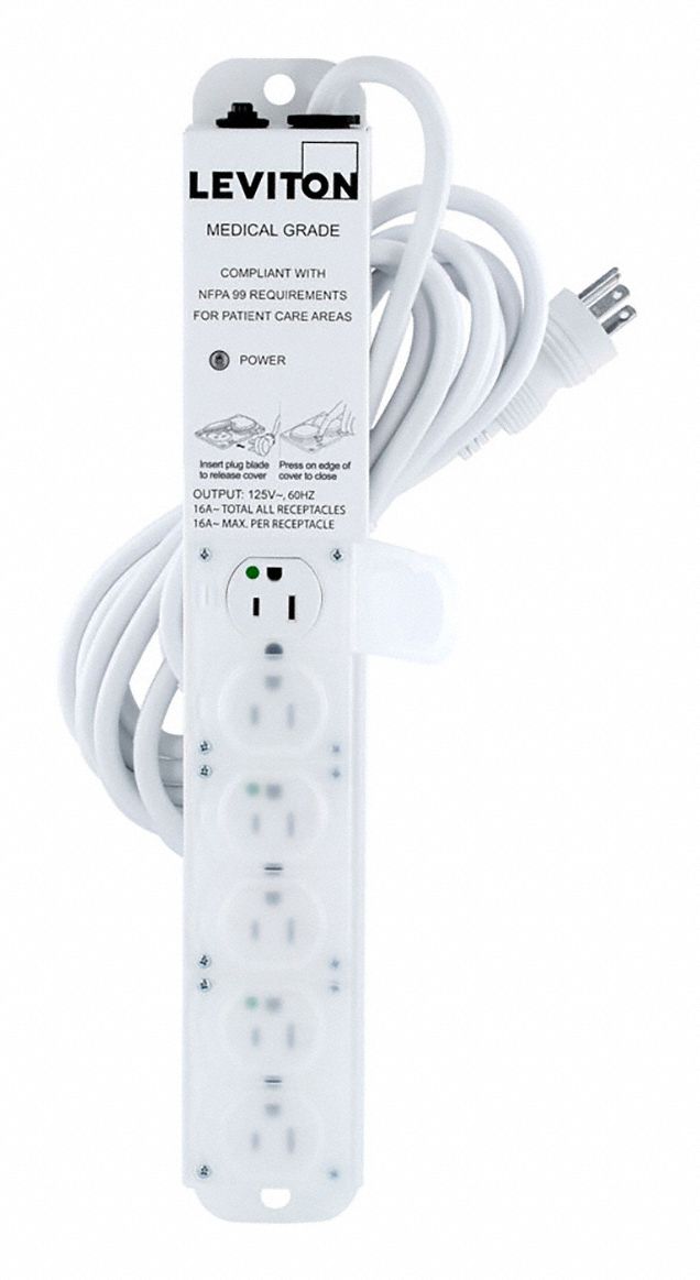 Outlet Strip: 6 Outlets, 15 ft Cord Lg, 15 A Max. Amps, NEMA 5-15P, Power Indicator
